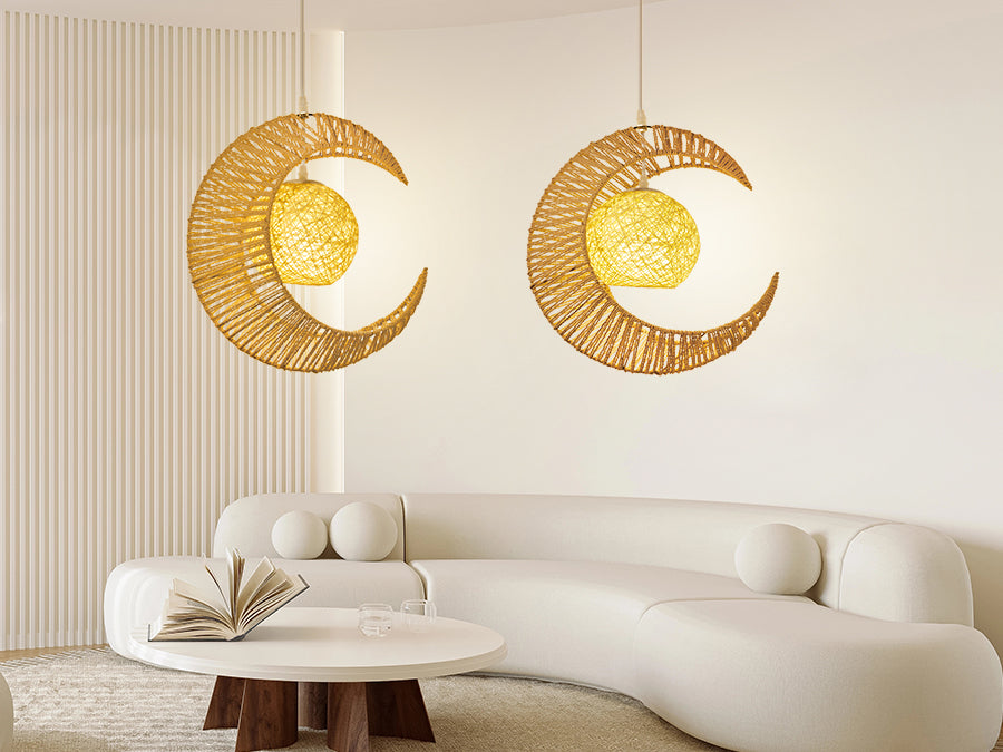 (Q)Vine Pendant Light Hand Woven Moon Shaped Pendant Light,Hemp Rope Lampshade Decorative Pendant Light,Suitable for Study Rooms,Bedrooms,Cafes