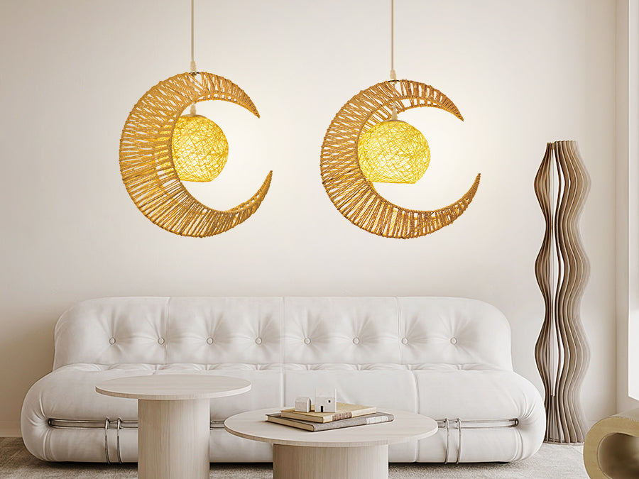 (Q)Vine Pendant Light Hand Woven Moon Shaped Pendant Light,Hemp Rope Lampshade Decorative Pendant Light,Suitable for Study Rooms,Bedrooms,Cafes