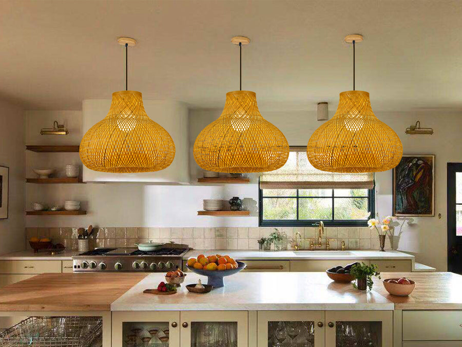 (Q)15.75 Inch Hand Woven Rattan Pendant Light, Bohemian Style Rattan Pendant Light, Suitable for Dining Rooms, Kitchens, Islands, Living Rooms