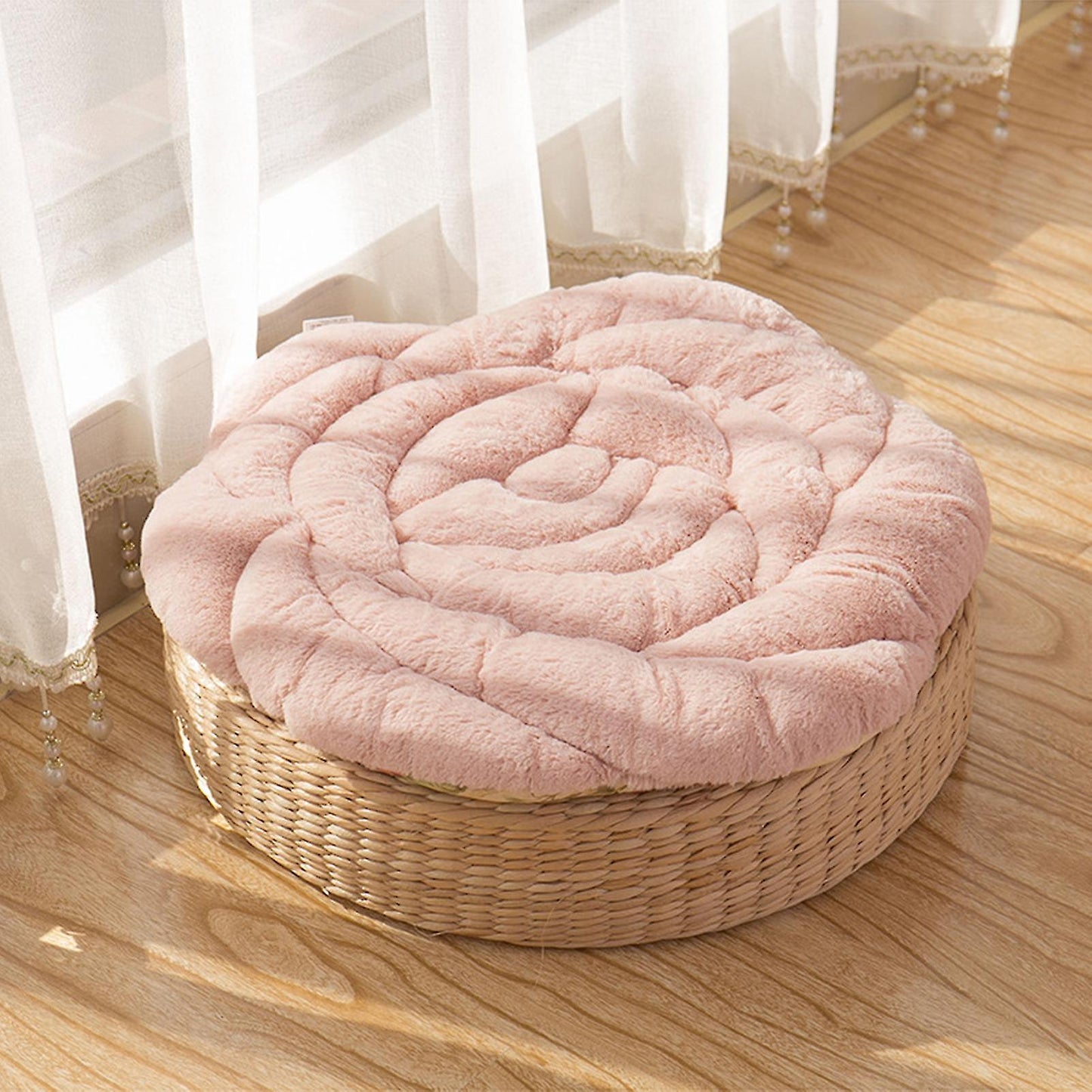 (Y)Seat Cushion Keep Warm Thickened Super Soft Anti-slip Granule Hip Protective Round Rose Shape Plush Chair Tatami Cushion