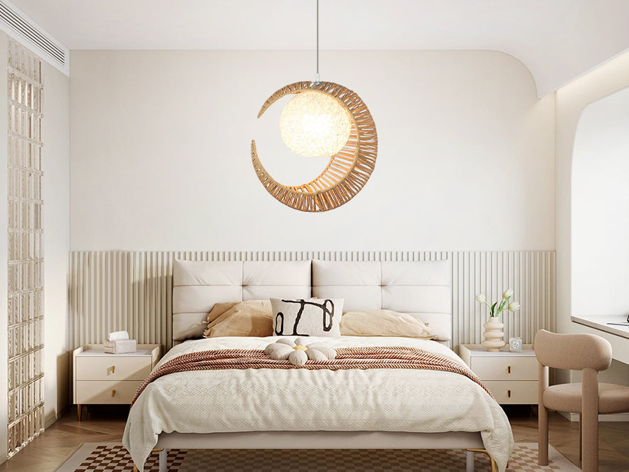 (Q)Vine Pendant Light Hand Woven Moon Shaped Pendant Light,Hemp Rope Lampshade Decorative Pendant Light,Suitable for Study Rooms,Bedrooms,Cafes