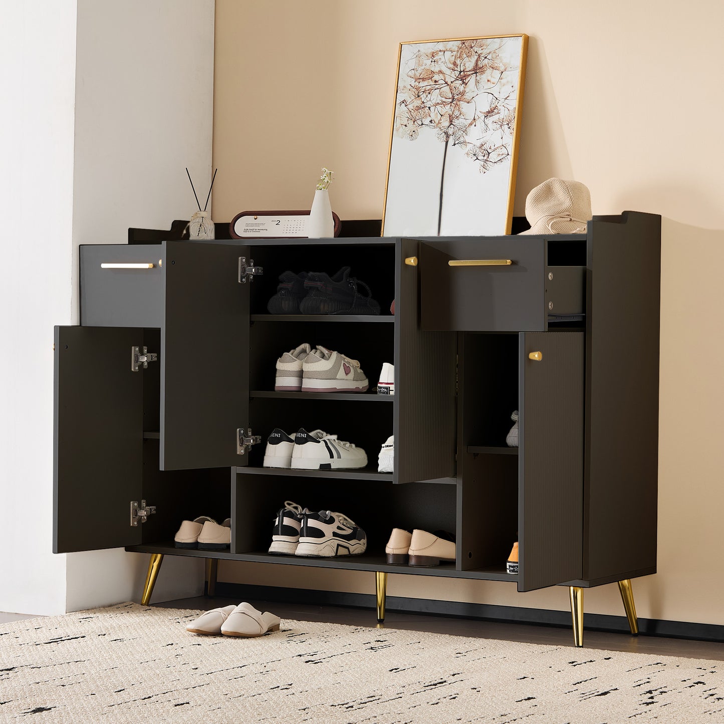 Black Shoe Cabinet with 2 Drawers, 4 Doors, Metal Feet