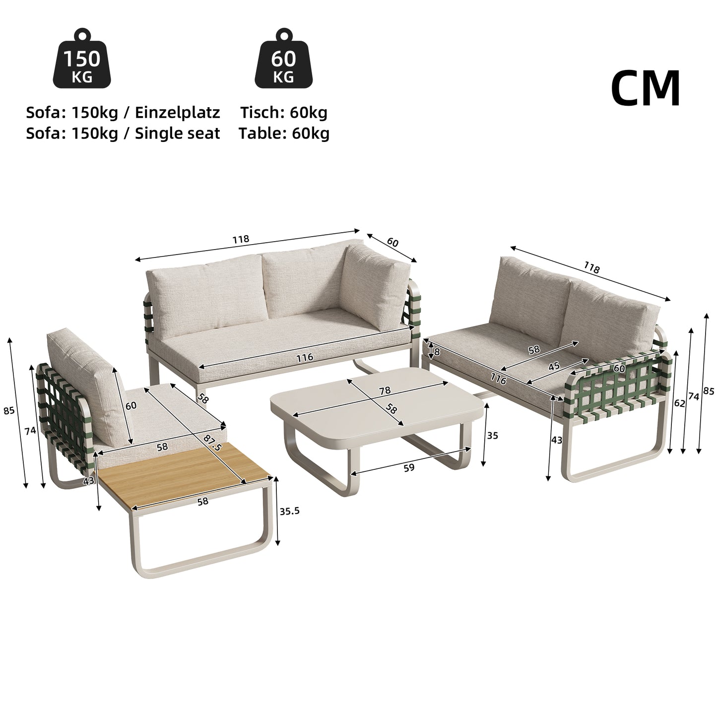 Garden lounge set, modern outdoor sofa set (includes all seat and back cushions), balcony set, garden and terrace, apricot
