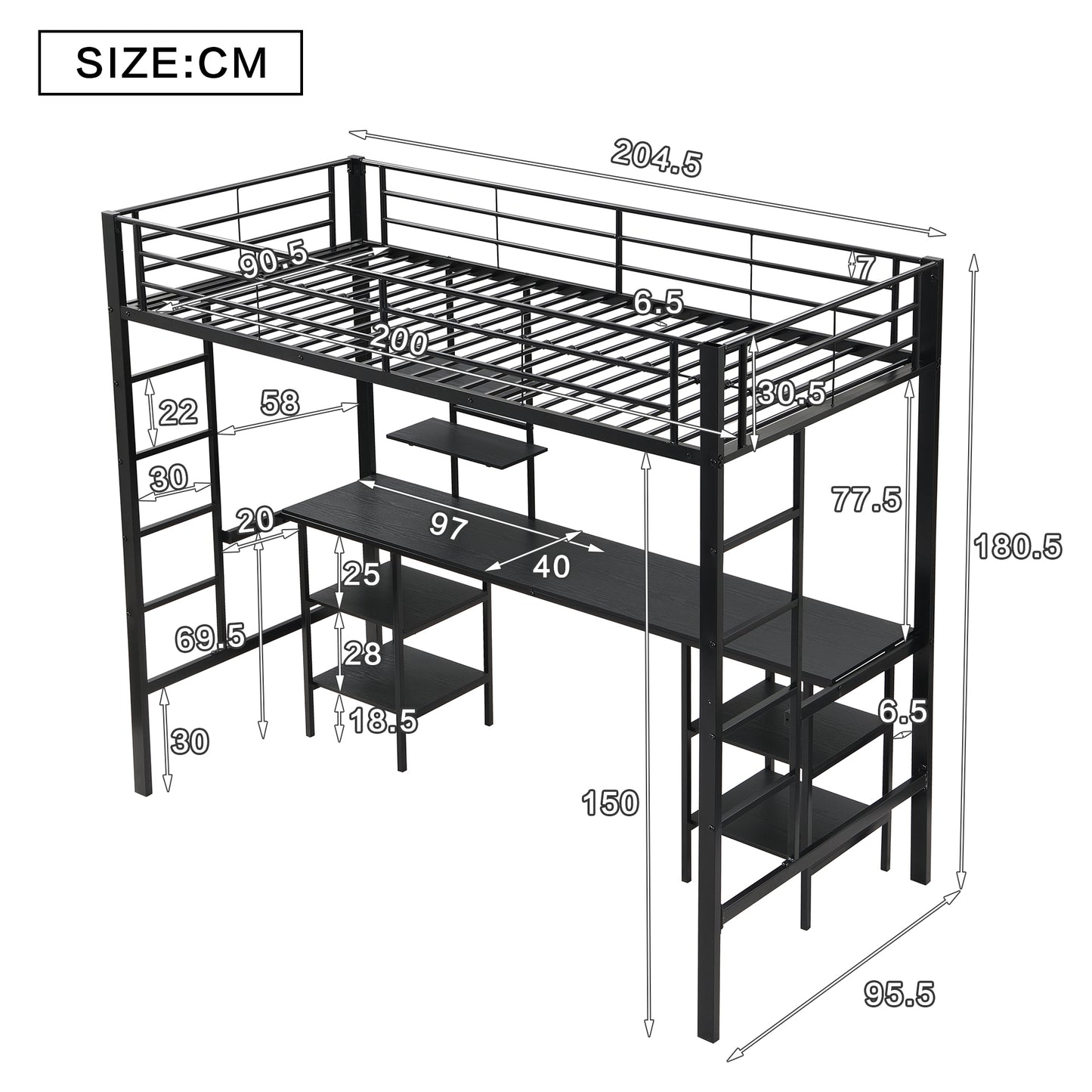 Black Iron and MDF Bunk Bed with Table and Shelves - Children's Safety Bed