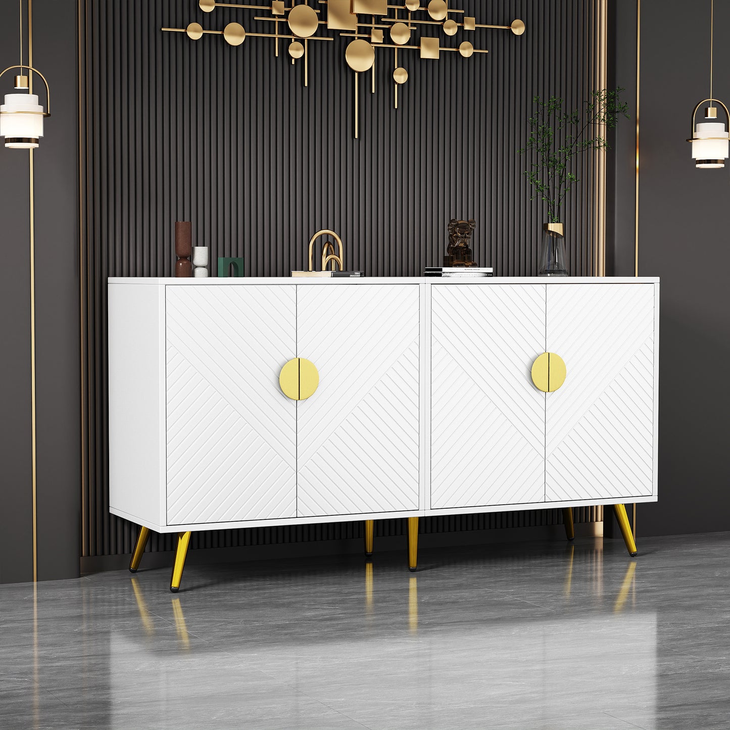 Luxurious White and Gold Side Cabinet with Bias Stripe - Versatile Storage Solution