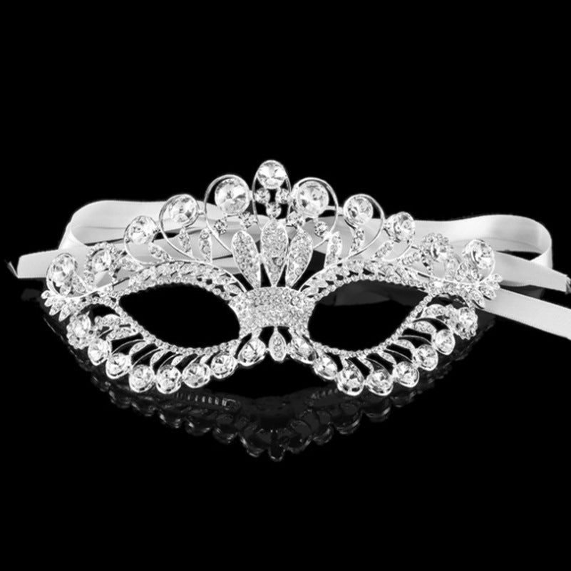 (Y)Luxury Elegant Diamond Rhinestone Mask Masquerade Party Crown Alloy Mask For Women(silver)