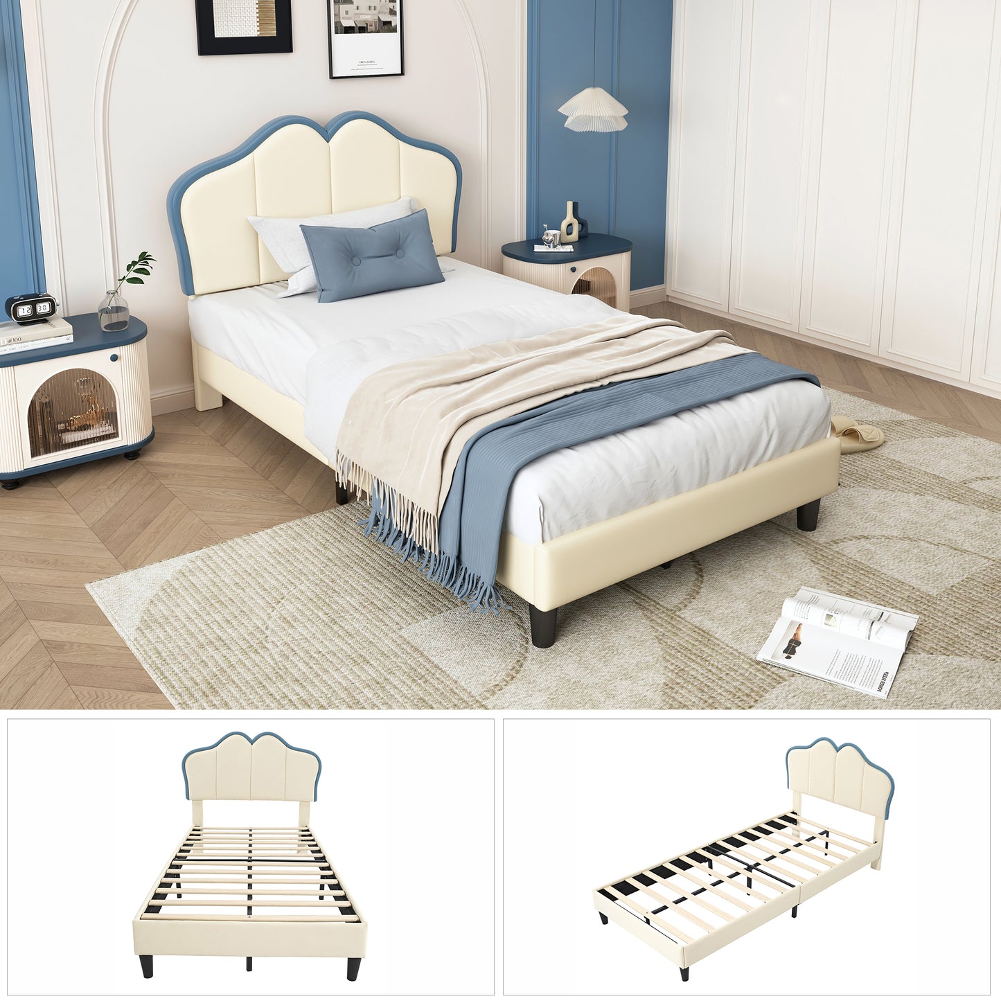 White-Blue PU Upholstered Children's Single Bed with Padded Headboard