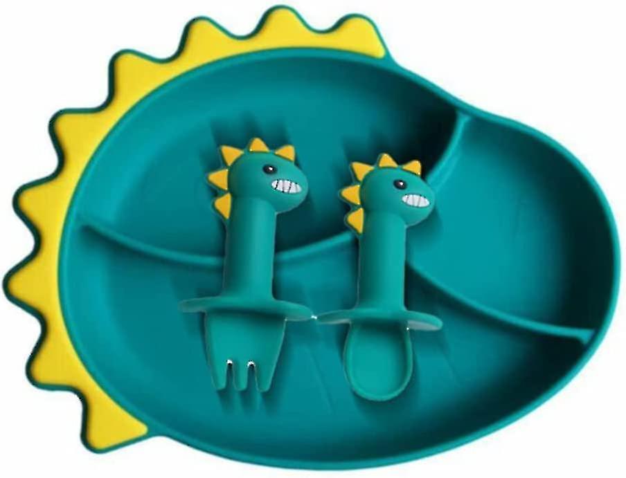 (Y)Baby Feeding Stay Put Bowl Spoon Fork 3 Pcs Set, Cartoon Dinosaur Silicone Divided 3 Section Plate With Non Slip Suction Base,