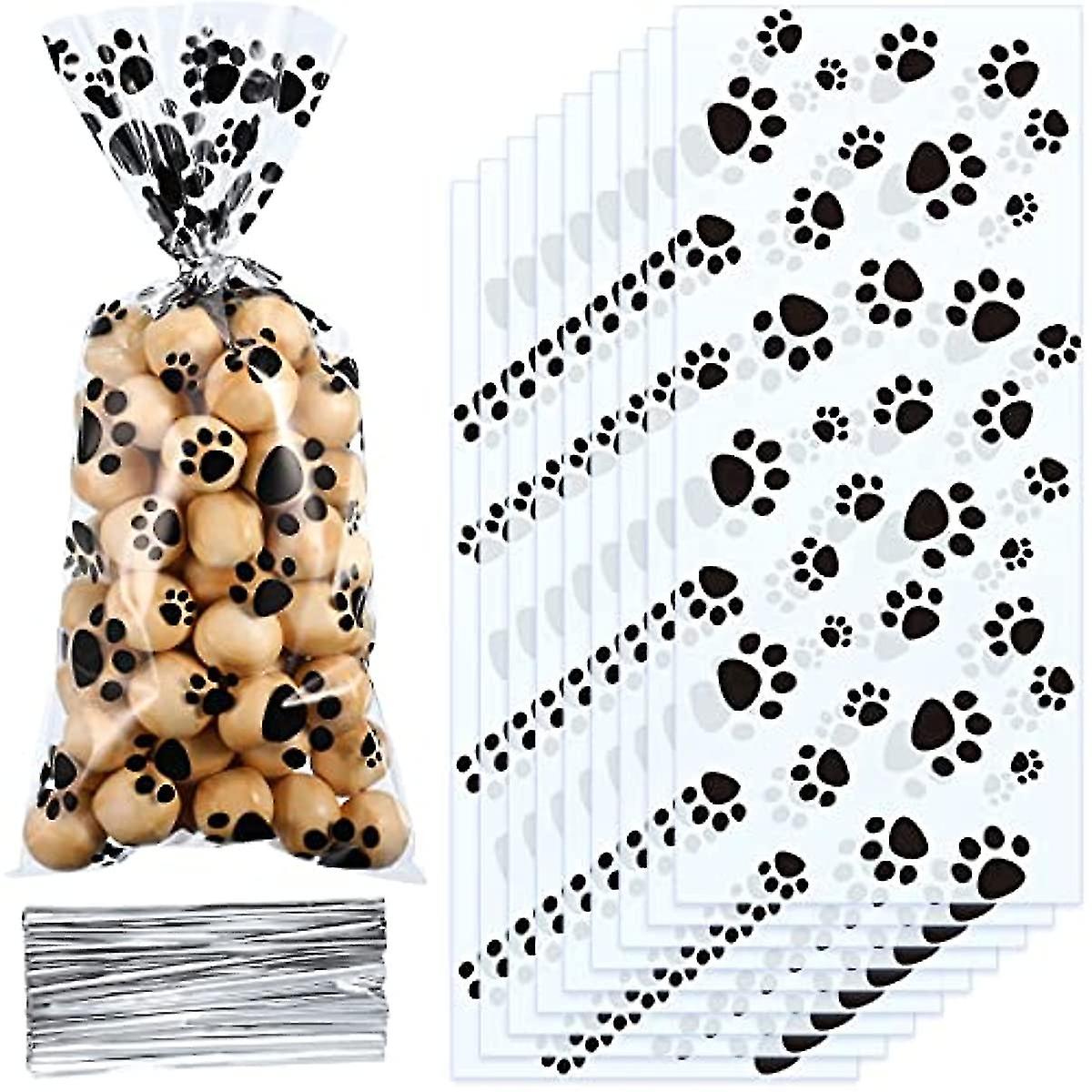 (Y)100 Pieces Pet Paw Print Cone Cellophane Bags Heat Sealable Candy Bags Dog Paw Gift Bags Cat Treat Bags With 100 Pieces