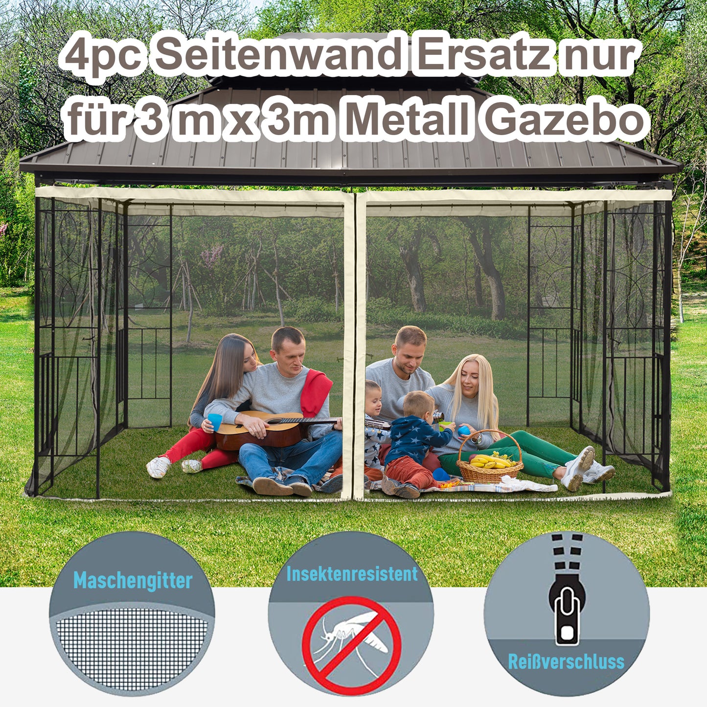 3x3m gazebo mosquito net with 4 side panels, mosquito net with zipper, durable black nylon net