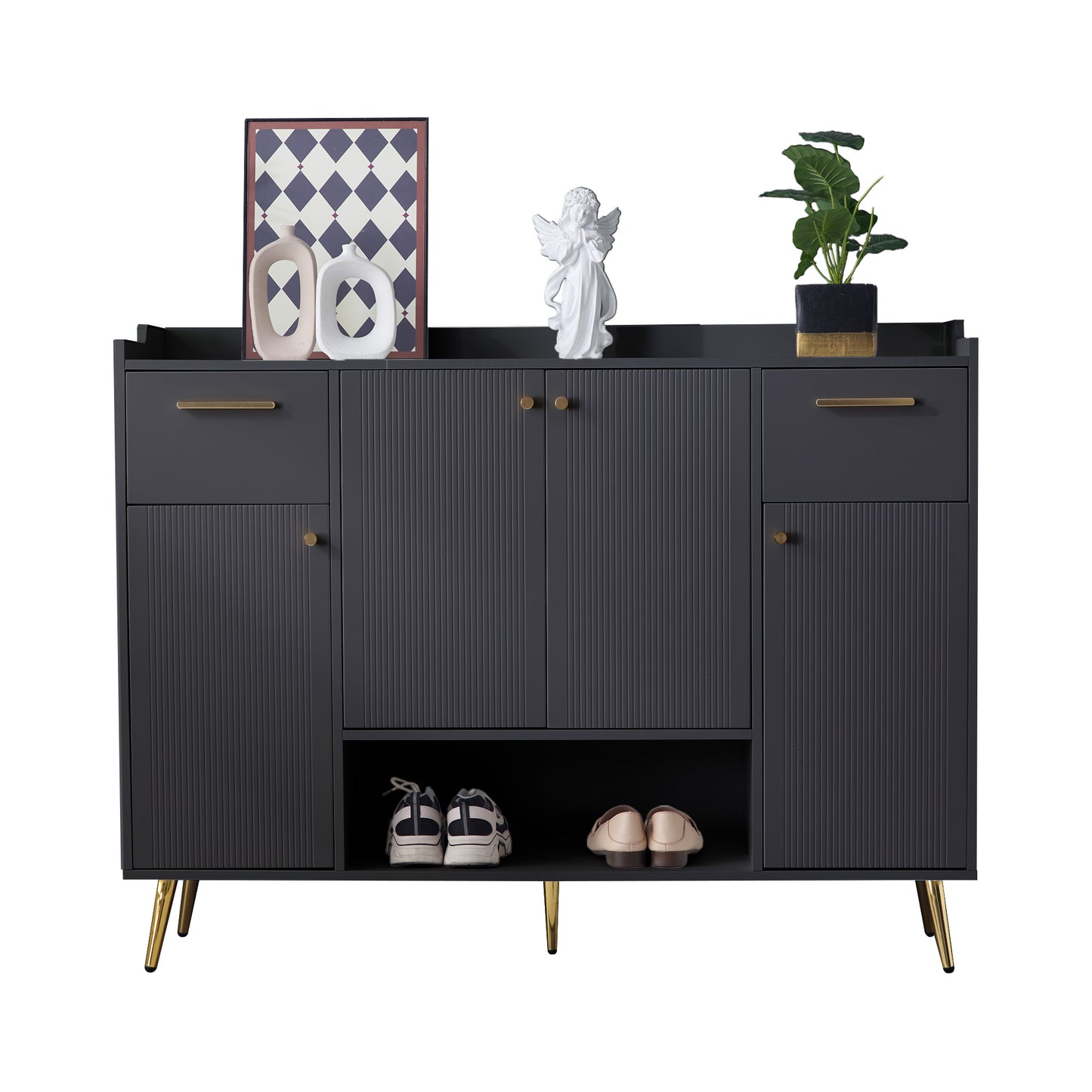 Black Shoe Cabinet with 2 Drawers, 4 Doors, Metal Feet