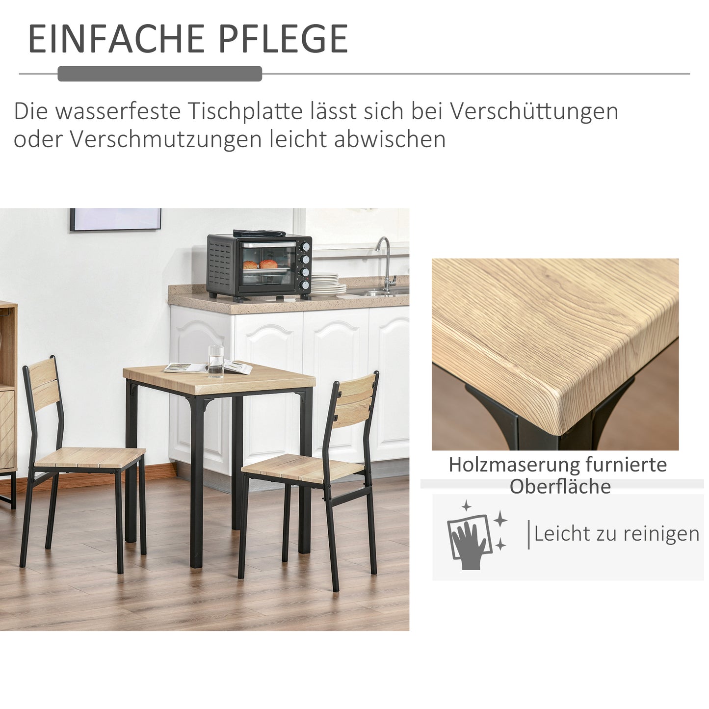 Dining Table Kitchen Table and Chair Set Natural Wood Grain + Black (Including 1 Table + 2 Chairs)
