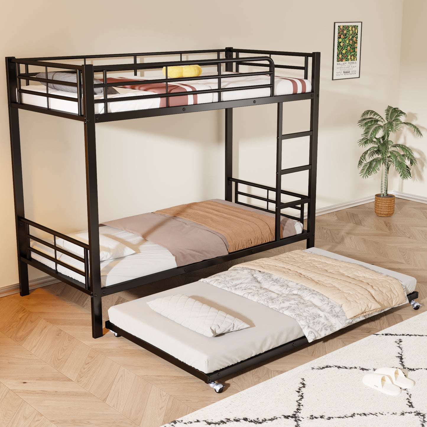 Black Iron Bunk Bed with Pull-Out Bed - Children and Teenagers' Space-Saving Solution, 90x200cm