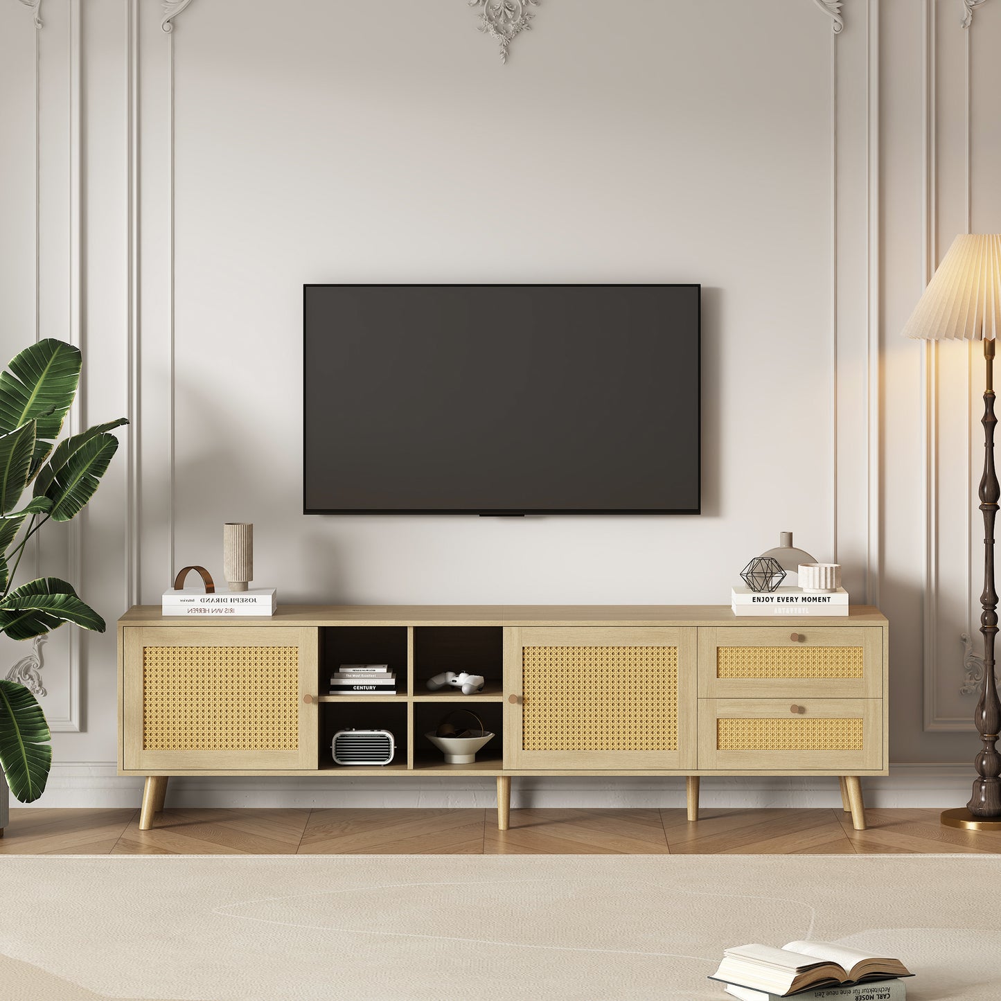 Elegant Wooden  Rattan TV Cabinet - 180cm Wide for 80 inchesTV