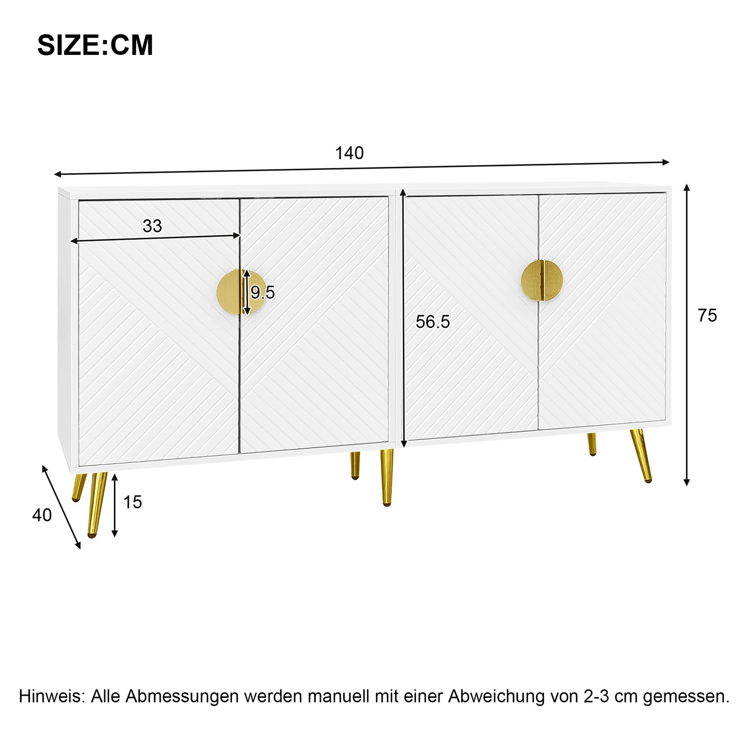 Luxurious White and Gold Side Cabinet with Bias Stripe - Versatile Storage Solution