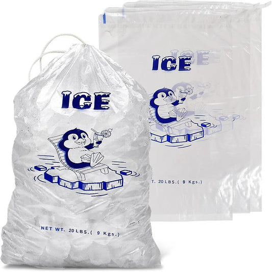 (Y)100Pcs Ice Bags with Durable Drawstring Closure Refillable Ice Storage Bags for BBQs Camping Food Stalls 20 Lb.