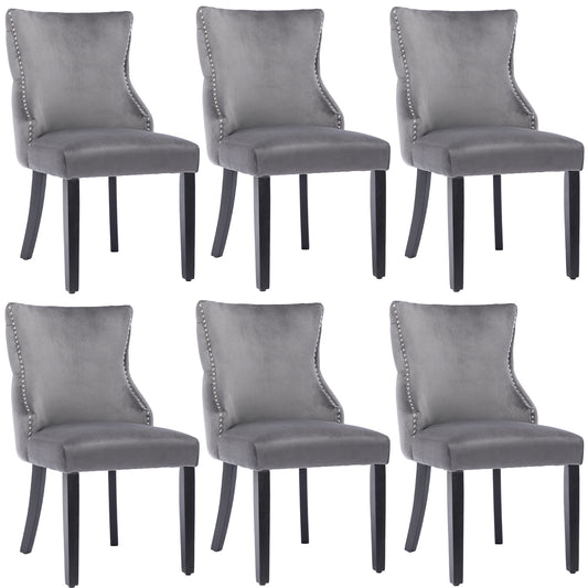 6-Piece Gray Velvet Dining Chair Set with Button Quilting and Solid Wood Frame