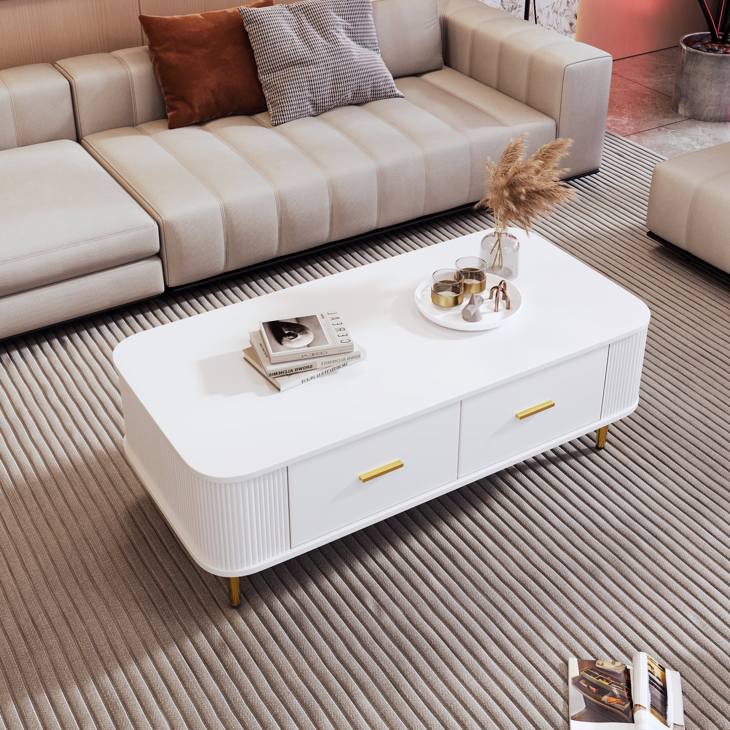 Elegant Wavy Sides Coffee Table with Gold Handles and Drawers