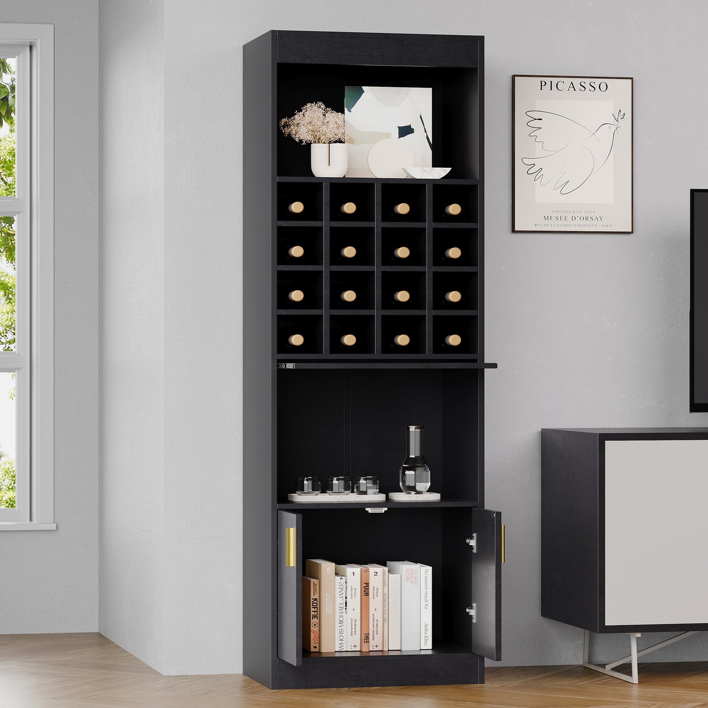 16-Compartment Black Wine Cabinet - Versatile Highboard and Shelving Unit