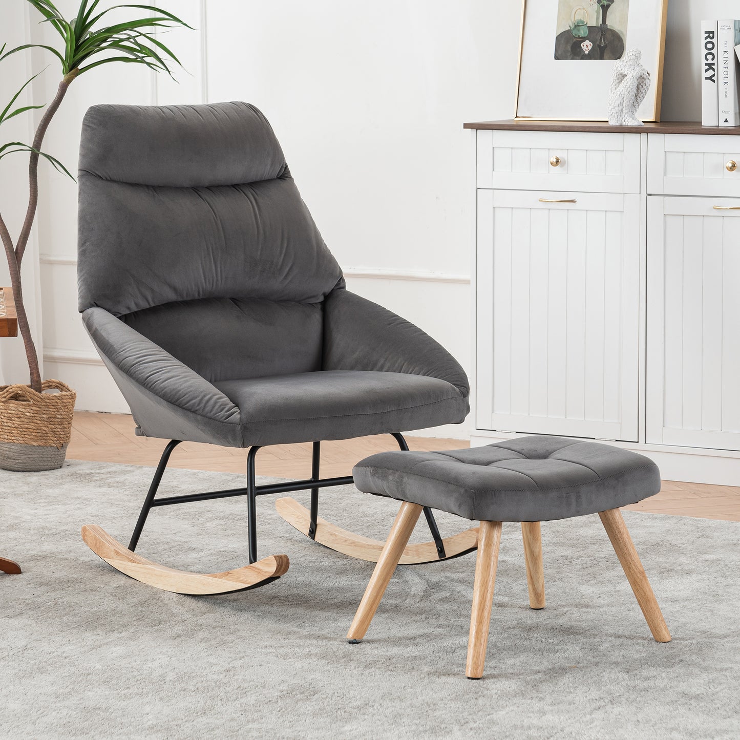 Ergonomic Grey Rocking Chair with Footstool