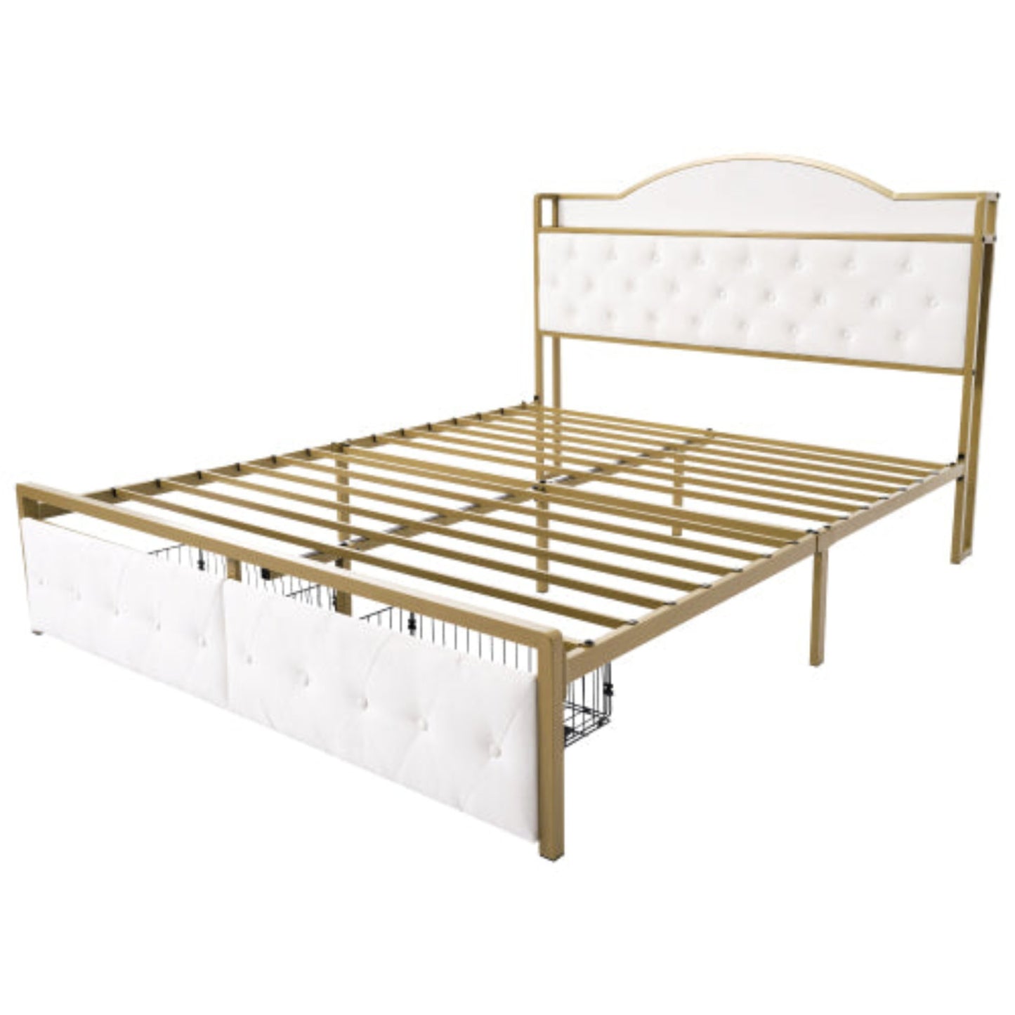 Light Beige Upholstered Double Bed-USB Type C Charging, Storage Drawers, Slatted Metal Frame