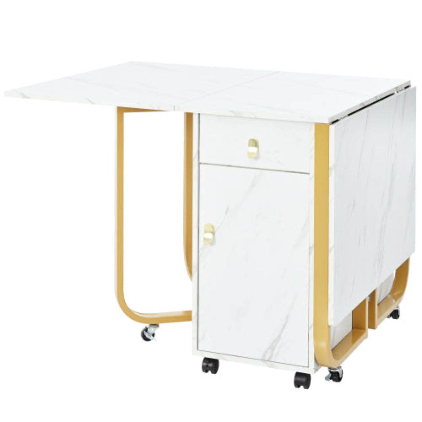 White-Gold Folding Dining Table-Cupboard, 2 Drawers, Space-Saving, 4 Legs