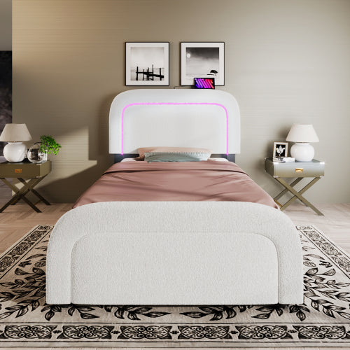 Sherp White Upholstered Bed Frame-USB-C, LED Lights, Adjustable Headboard, Wooden Slats