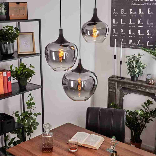 (p)Translucent black metal glass pendant lamp, modern design, 3 bulbs, max height 120 cm, 3 x E27, bulbs not included