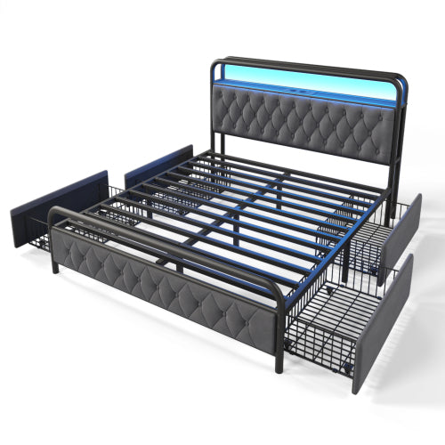 Modern Velvet Double Bed-USB Type C Charging, APP-Controlled LED, Metal Frame, 4 Drawers