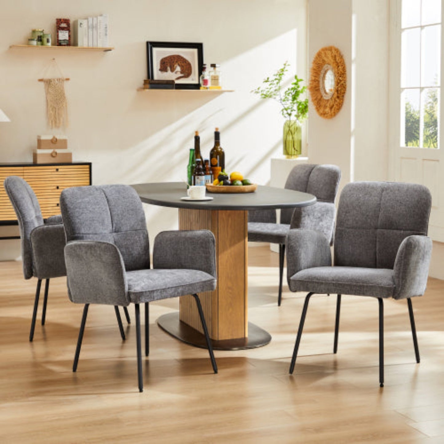 Grey Dining Chairs - Living Room Armchairs with Extra Large Cushions and Black Metal Legs - 4pcs