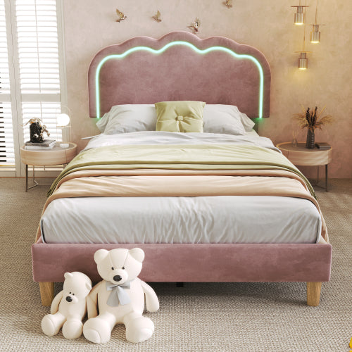 Pink Velvet Single Bed with LED, Adjustable Headboard, Slatted Frame, YouthGuest Room Bed Frame