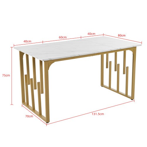 Modern Marble-Pattern Dining Table-Unique Metal Frame, Adjustable Feet, White Golden for Living Dining Rooms