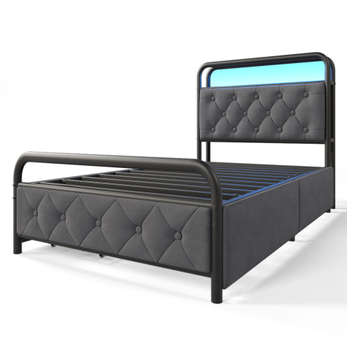 Luxury Velvet Single Bed-USB Type C Charging, APP-Controlled LED, Metal Frame, 2 Drawers