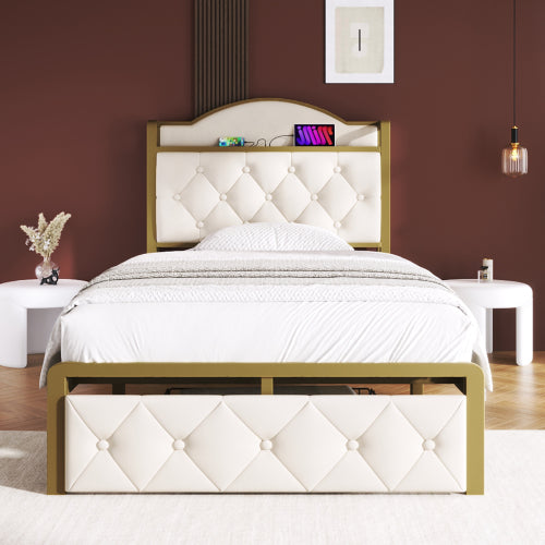 Light Beige Single Bed-USB Type C, Storage Drawers, Slatted Metal Frame -Mattress Not Included