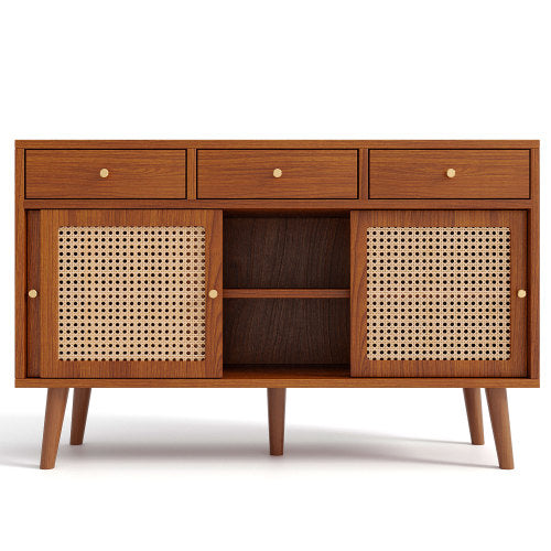 New Walnut Sideboard with 3 Drawers and 3 Rattan Sliding Doors, Gold Handles, Adjustable Shelves