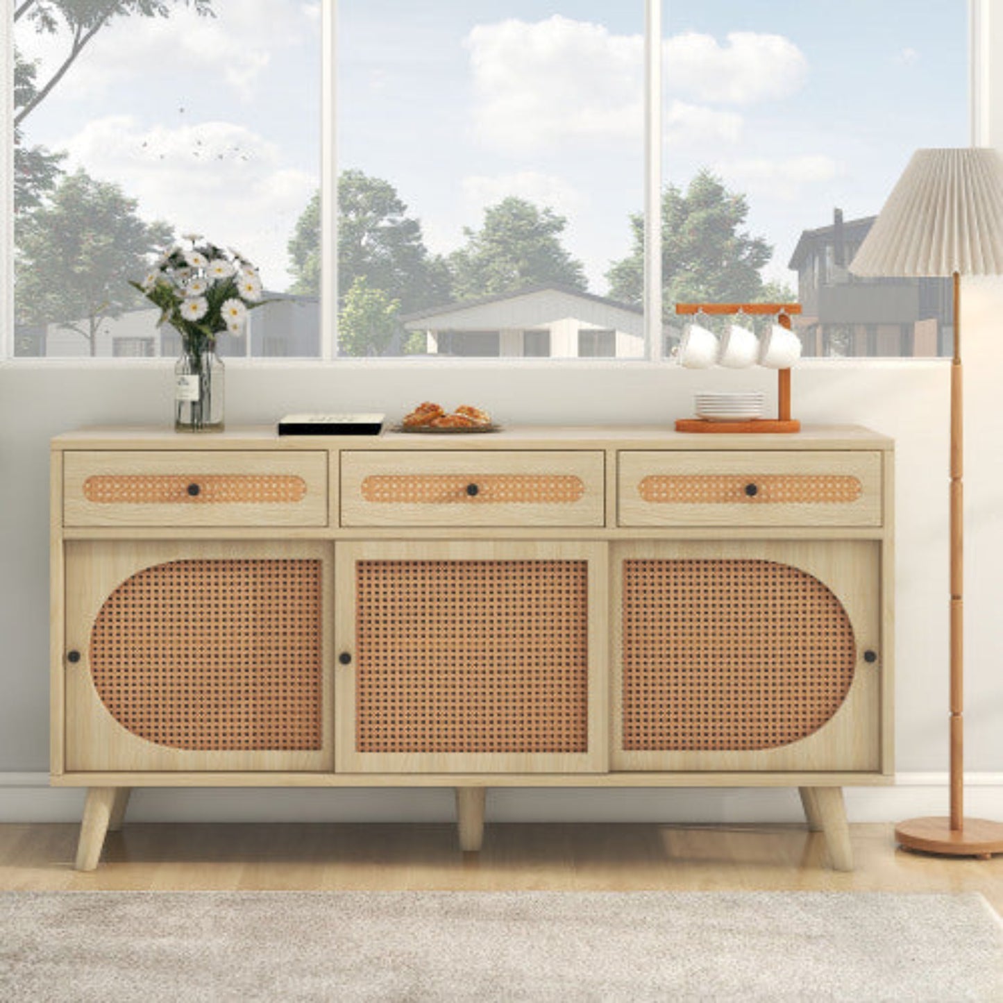 140cm Wooden Sideboard,PE Rattan Doors, Adjustable Shelves, 3 Drawers, Sliding Doors