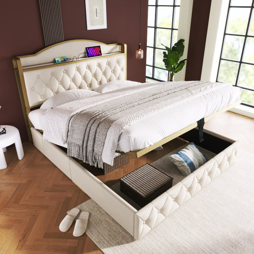 Light Beige Double Bed-USB Type C, Storage, Slatted Metal Frame-Mattress Not Included