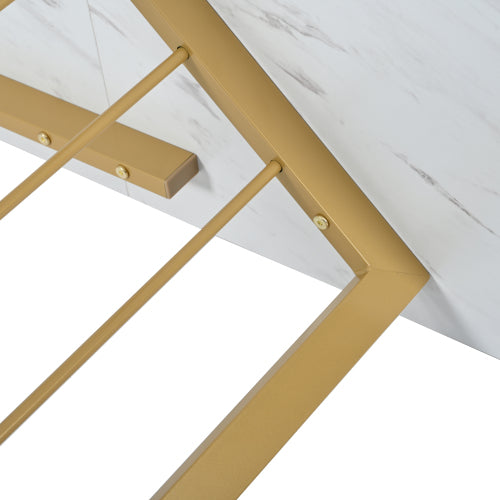 (p) Luxe Dining Table-White Marble Pattern, V-Shaped Metal Legs, Adjustable Feet, Golden Highlights