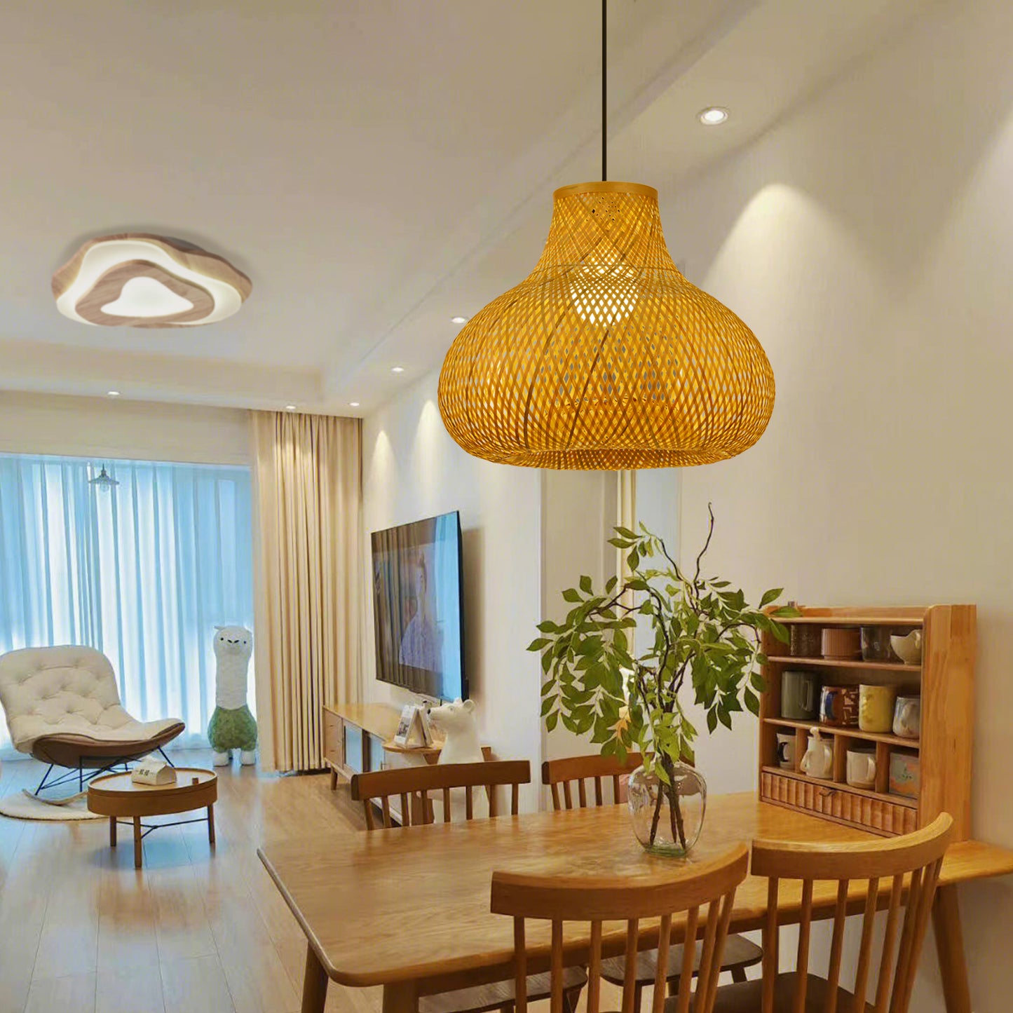 (Q)15.75 Inch Hand Woven Rattan Pendant Light, Bohemian Style Rattan Pendant Light, Suitable for Dining Rooms, Kitchens, Islands, Living Rooms