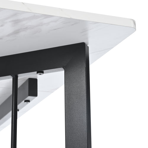 (p) Modern Marble Table-Sleek White, V-Shaped Metal Legs, Adjustable Feet, Black Accents