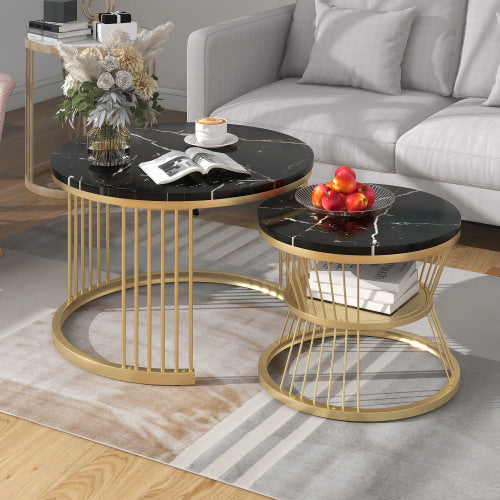 Modern Nesting Coffee Tables- Marble Veneer, BlackGolden Frame, Round Side Tables-Set of 2