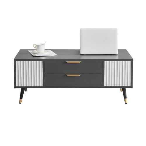 Modern Grey-White Coffee Table-2 Doors, 2 Drawers, Gold Accents, High-Quality Living Room Furniture