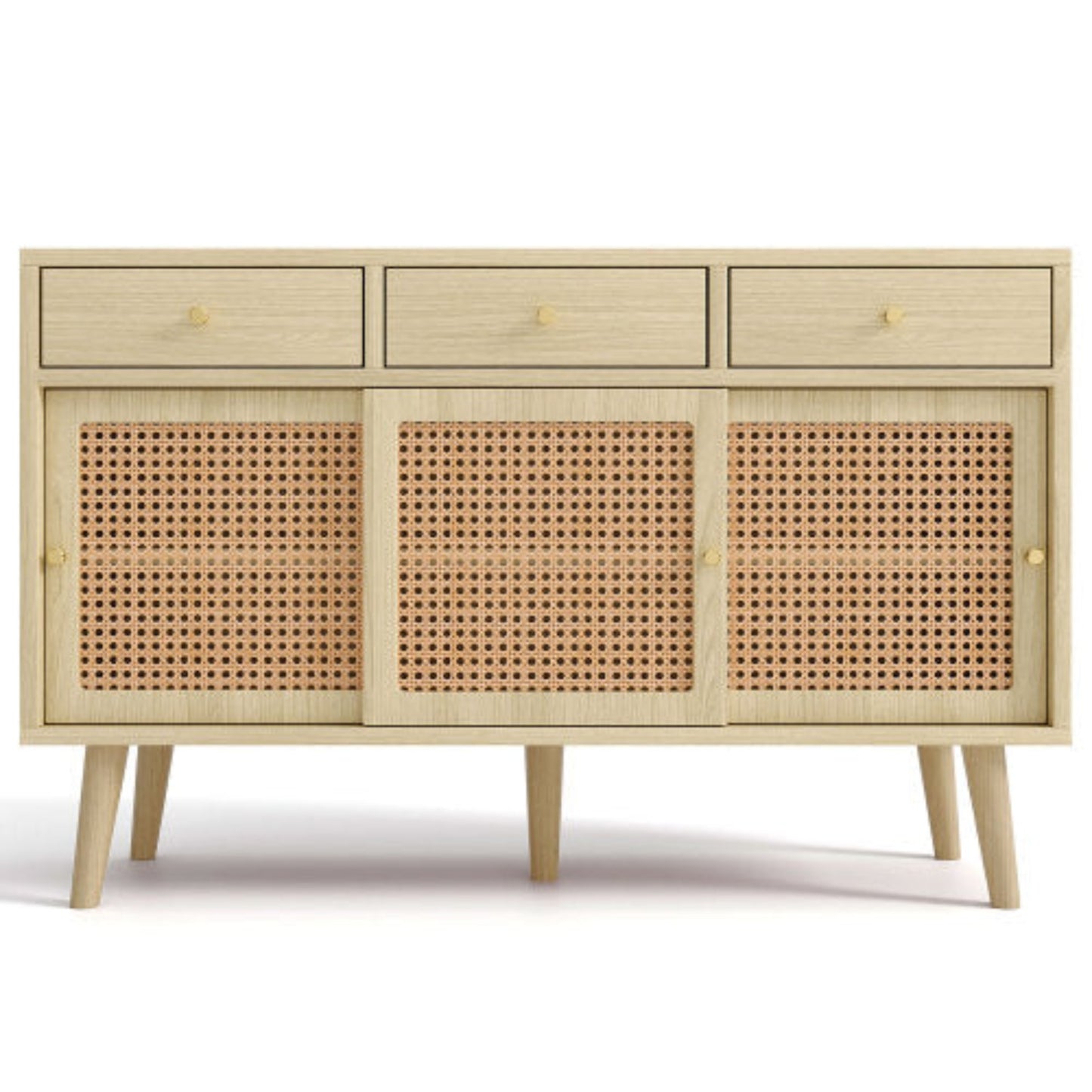 Oak sideboard with drawers and sliding rattan doors, solid wood legs, gold metal handles, adjustable shelves