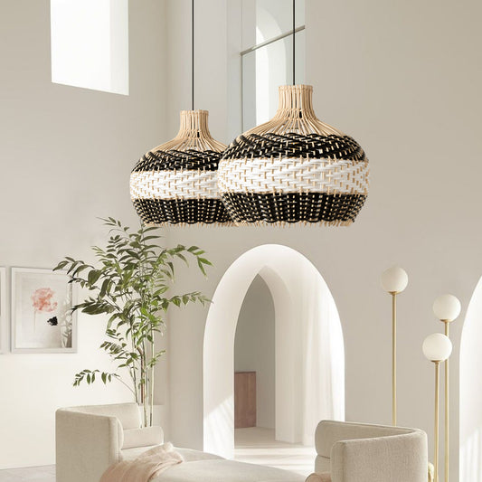 (M)Rattan Pendant Light Fixtures Geometric Single Rattan Ceiling Fixture with Adjustable Cord for for Kitchen Island
