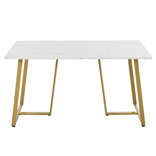 Modern Marble-Pattern Dining Table-Metal Frame, Adjustable Feet, White Golden for Dining Living Rooms