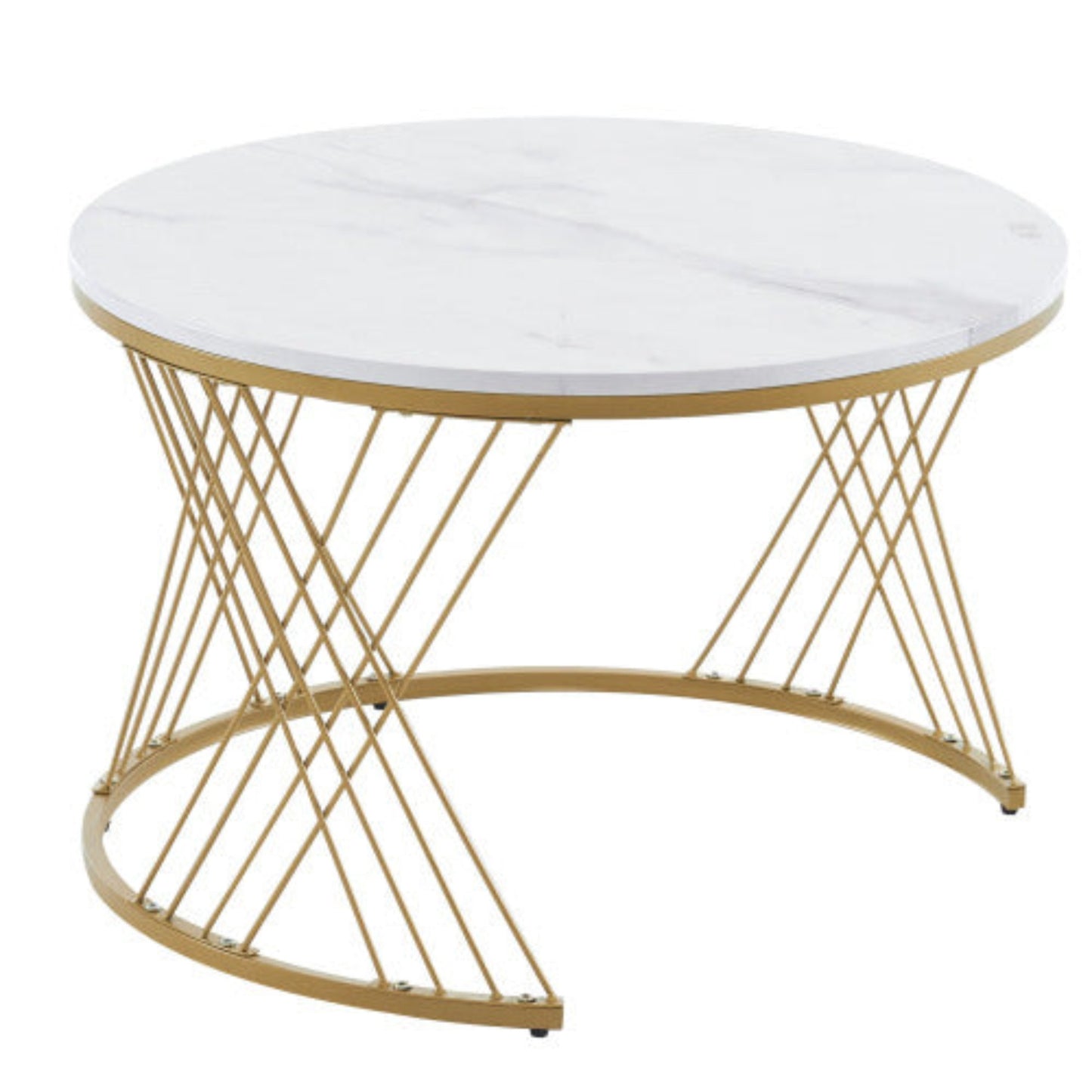 Elegant 2-Piece White Coffee Table Set- Marble Texture, Plastic Rattan Drawers, Gold Accents