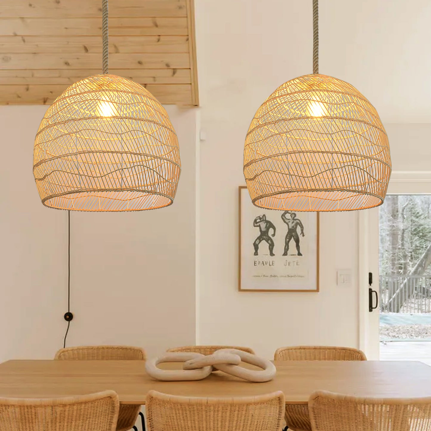 (M) Rope Rattan Pendant Lighting Fixture Natural Hardwired for Kitchen Island