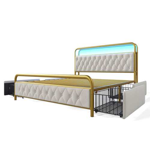 Velvet Double Bed with USB Type C Charging, APP-Controlled LED, Metal Frame, 4 Drawers