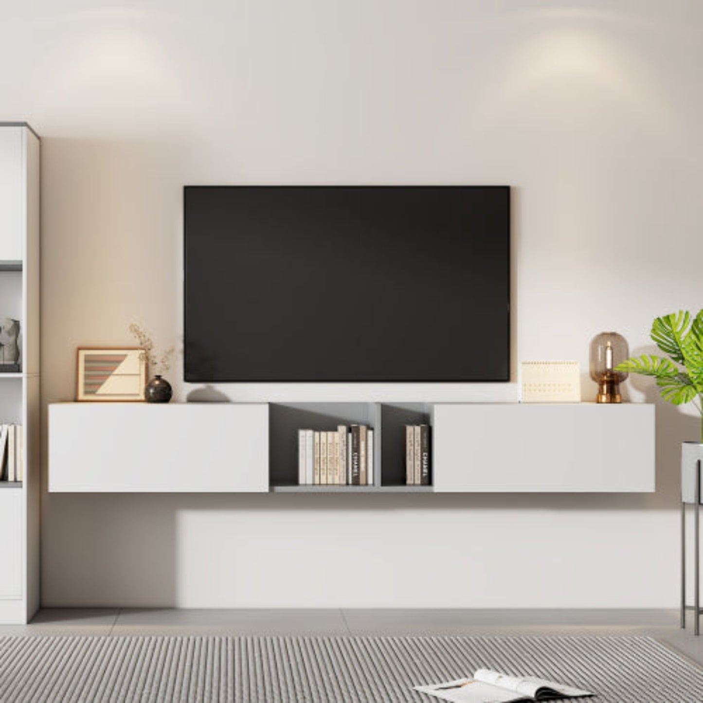 Large White TV Stand with Doors and Shelves- Perfect for 90 inches TVs, Stylish Living Room Media Console