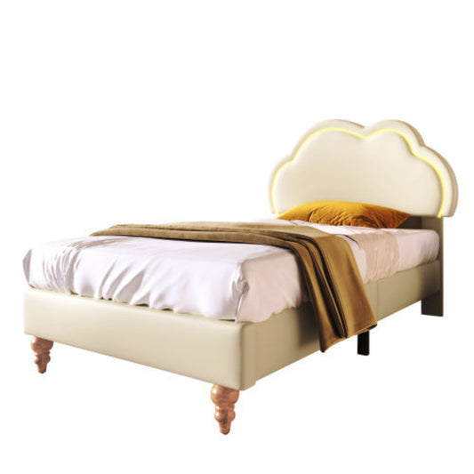 Cream LED Single Bed, Upholstered Frame, Adjustable Cloud Headboard, Kids Bedroom-Guest Room